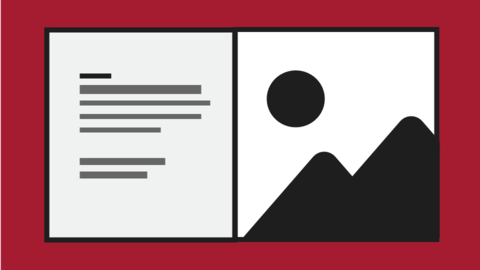 Icon showing shapes of hills and the sun representing an image on one side and lines representing text on the other.