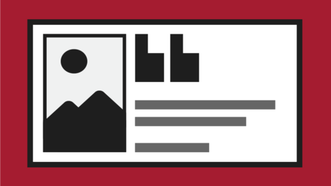 Icon showing shapes of hills and the sun representing an image on the left and a text panel starting with an open quote icon followed by lines representing text on the right.