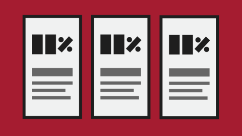 Icon showing three cards, each with two lines and a percent character representing data followed by lines representing text.
