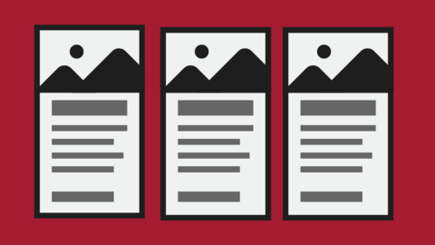 Icon showing three cards, each with shapes of hills and the sun representing an image followed by lines representing text.