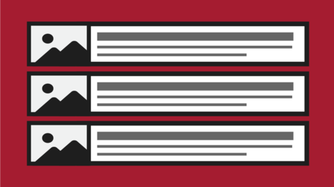 Icon showing a list of rectangular cards, each with shapes of hills and the sun representing an image on the left and lines representing text on the right.