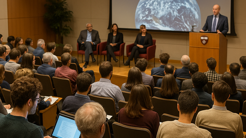 Audience listening to a speaker at a climate conference in an academic auditorium with a presentation screen and panelists.