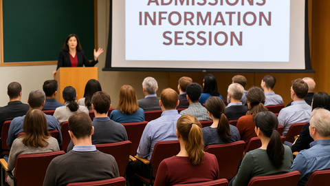 A woman presents at an admissions information session to a seated audience in a university lecture hall.