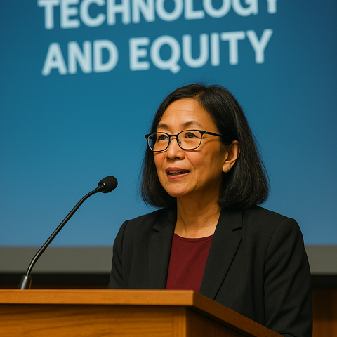 Keynote speaker presenting at a podium with a screen behind her reading “Technology and Equity.”