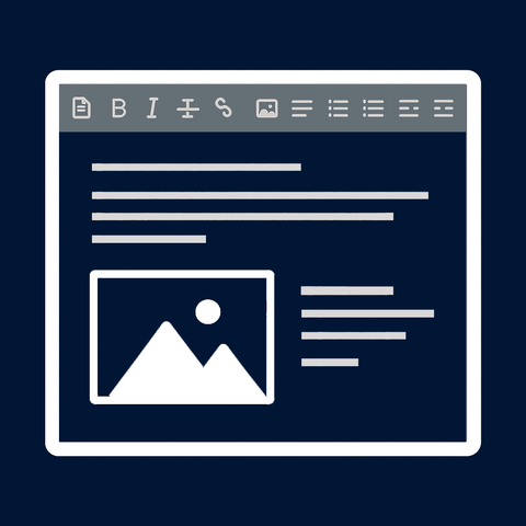 Illustration of a text editor interface with formatting icons, text lines, and an embedded image placeholder.