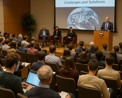Audience listening to a speaker at a climate conference in an academic auditorium with a presentation screen and panelists.