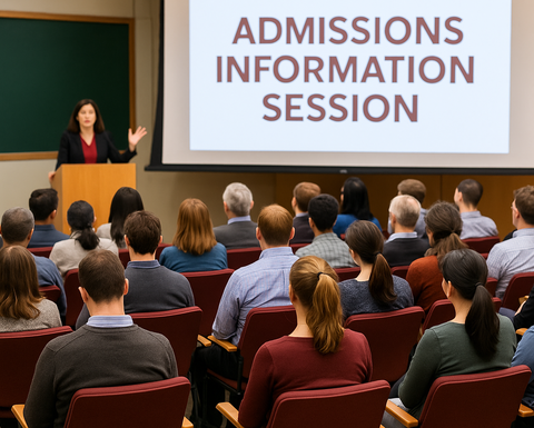 A woman presents at an admissions information session to a seated audience in a university lecture hall.
