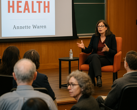 An author discusses her book in a university setting, seated in front of a screen showing the book title to a small audience.